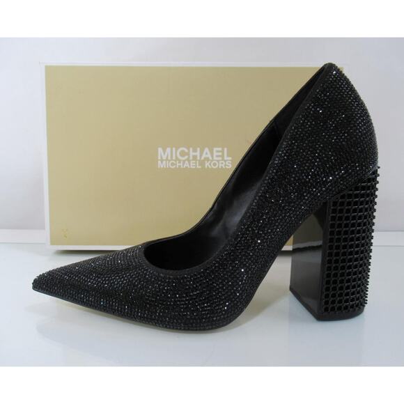 Michael Kors Maxine Block Heel Rhinestone Dress Pumps Pointed Toe Black Size 7.5 - Picture 2 of 7